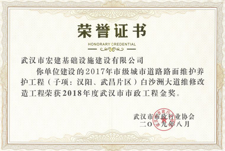2018年度武汉市市政工程金奖（2017年市级城市道路维护养护工程）