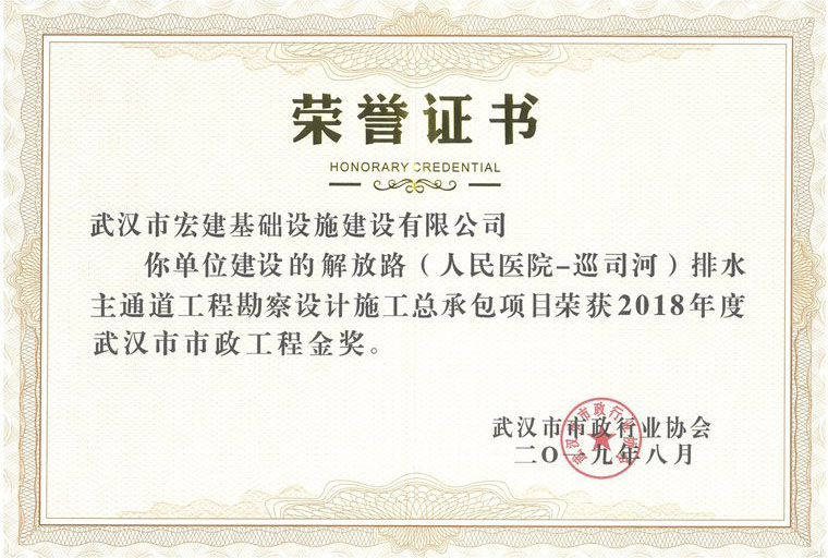 2018年度武汉市市政工程金奖（解放路（人民医院-巡司河）排水主通道）